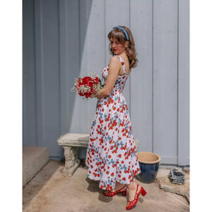 Reformation Balia Linen Sleeveless Basque-Waist Midi Dress Strawberry Jam US 2